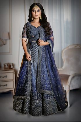 Exquisite Navy Blue Lehenga Featuring Intricate Silver Embroidery And Shimmering Stones Perfect For Making A Grand Statement At Any Wedding