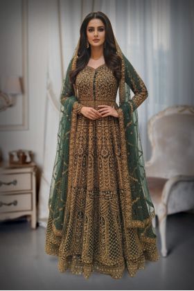 Emerald Green & Antique Gold Architectural Embellished Floor-Length Lehanga set