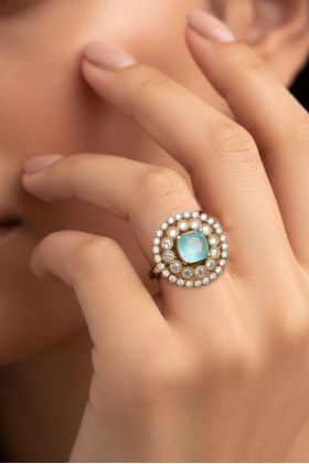 Aqua Green Halo Statement Ring with CZ Stones