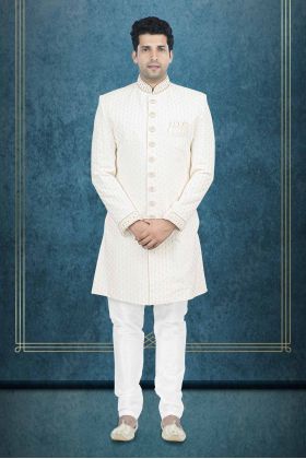 Hand Stone Worked Lakhnawi Fabric In Cream-white sherwani