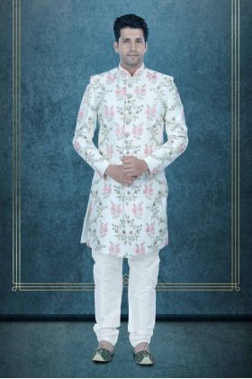 Embroidery Dupion Silk Fabric In Cream-White Sherwani