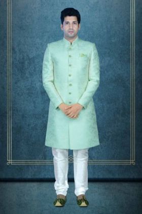 Hand Stone Worked Printed Jacquard In Pista Sherwani