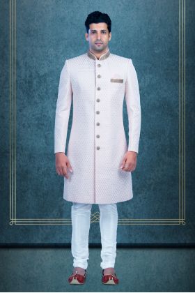 Hand-Stone Lakhnawi Fabric In Baby pink Sherwani