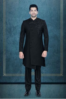 Hand-Stone Suiting Fabric In Black Indowestern