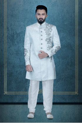 Hand Zarkan Embroidered Jacquard Fabric In Off-white Sherwani