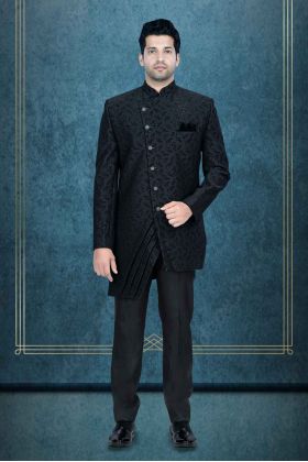 Asymmetrical Cut Jacquard In Black Indowestern