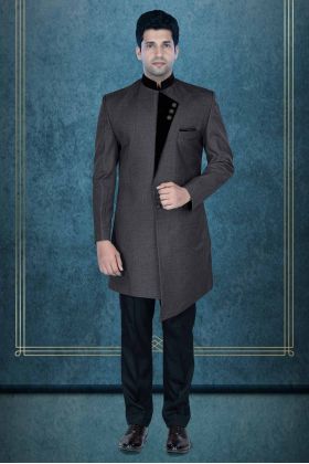 Asymmetrical Cut Imported Terry Rayon in Grey &  Black Velvet Indowestern