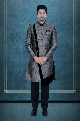 Asymmetrical Cut  Silky Jacquard In Grey & Black Indowestern