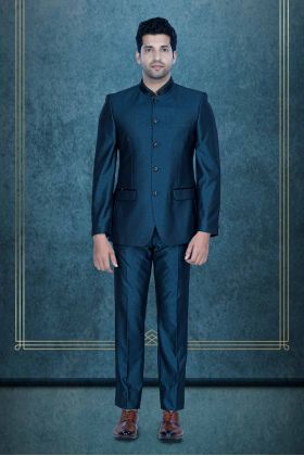 2 Pcs Rayon Terylene In Blue Bandhgala Suit