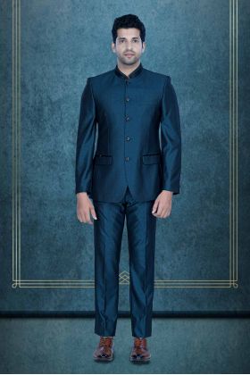 2 Pcs Rayon Terylene In Blue Bandhgala Suit