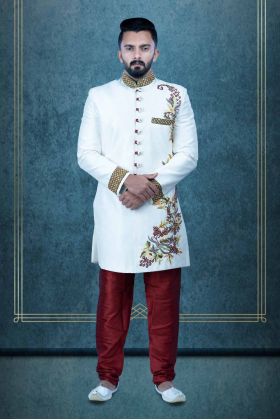 Multi Thread And Hand Zarkan Embroidered  Raw Silk In Off White Sherwani