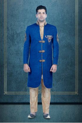Hand Zarkan Embroidered Blended Fabric In Royal Blue And Golden Sherwani