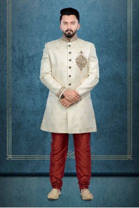 Hand Zarkan Embroidered Brocade Silk In Cream Sherwani