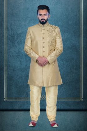 Hand Zarkan Embroidered Raw Silk In Beige   Sherwani