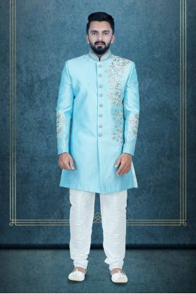 Hand Zarkan Embroidered Dupion In Light Blue Sherwani