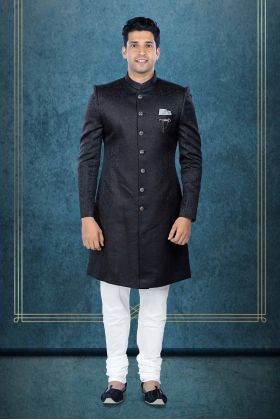 Patterned Imported Synthetic Fabric In Black  Sherwani