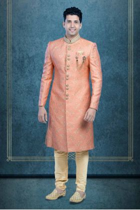 Hand Dubka Embroidered Imported Synthetic Fabric In Peach   Sherwani