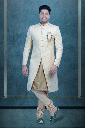 Hand Dubka Embroidered Imported Synthetic Fabric In Beige Sherwani