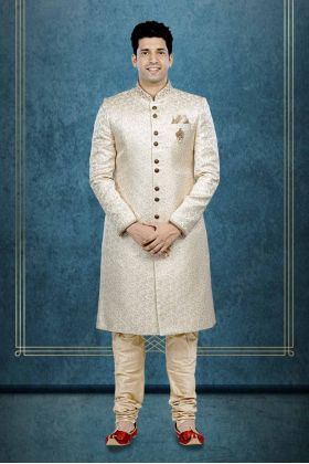 Hand Dubka Embroidered Imported Synthetic Fabric In Light Golden Sherwani