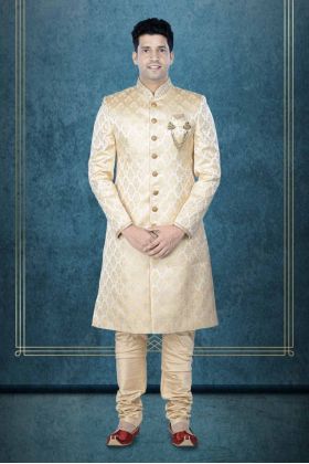 Hand Dubka Embroidered Imported Synthetic Fabric In Light Golden Sherwani