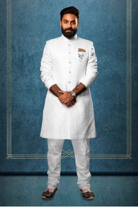 Patterned Imported Synthetic Fabric In White Sherwani