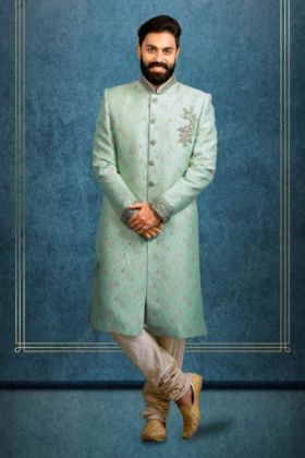 Zardozi And Thread Embroidery Imported Synthetic Fabric In Pista Green Sherwani