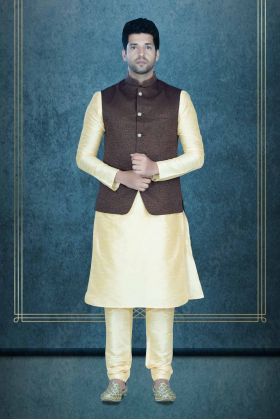 Golden Kurta Pyjama in Blended Fabric