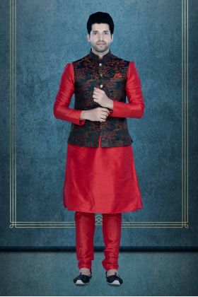 Red Kurta Pyjama in Blended Fabric