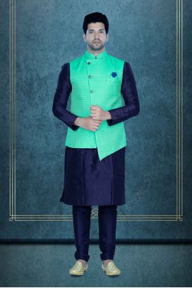 Blue Kurta Pyjama in Blended Fabric