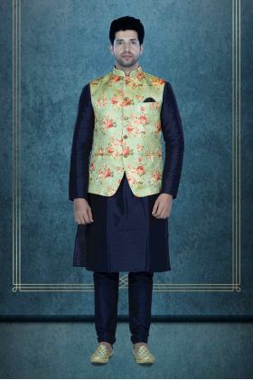 Blue Kurta Pyjama in Blended Fabric