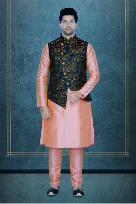 Peach Kurta Pyjama in Blended Fabric