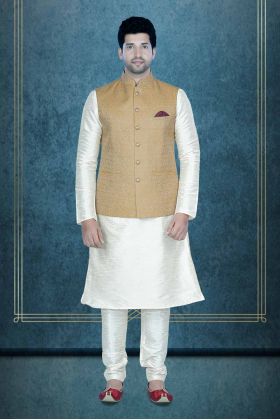 Golden Kurta Pyjama in Blended Fabric