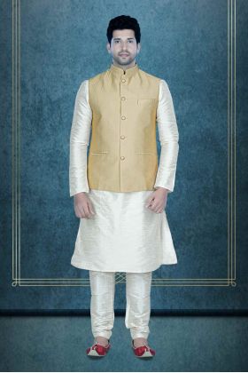 Golden Kurta Pyjama in Blended Fabric