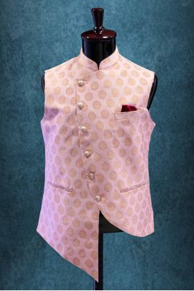 Mandarin Collar In Pink & Gold Bundi