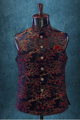 Mandarin Collar In Red & Gold Bundi