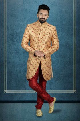 Curvy hem cut Peach Base Red Jaquard Sherwani