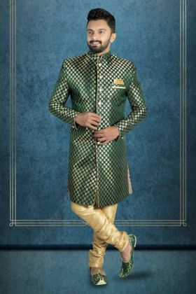 Plain Hem Brocade Green With Gold Print Sherwani