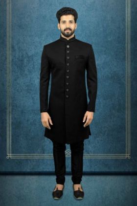 Nawabi Jaquard Black Sherwani