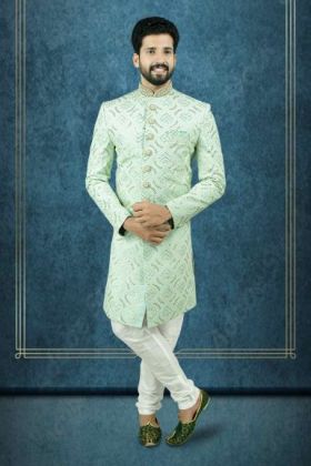 Nawabi Embroidered  Pastel Green Sherwani