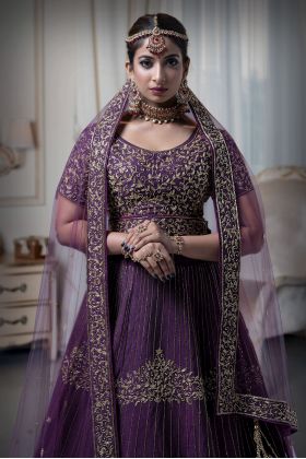 Golden Cut Bead Wine Colour Lehenga