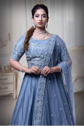 Ash Grey Nakshi Work Silk Lehenga