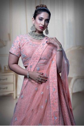Peach Jaal Work Silk Lehenga