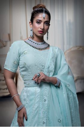 Turquoise Organza Mirror Work Lehenga