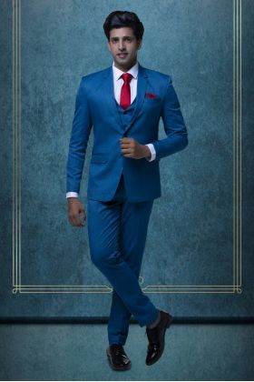 3 Pcs Suiting In Peacock Blue Mat Finish Suit