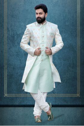 Mint Green And Multicolour Jacquard Sherwani