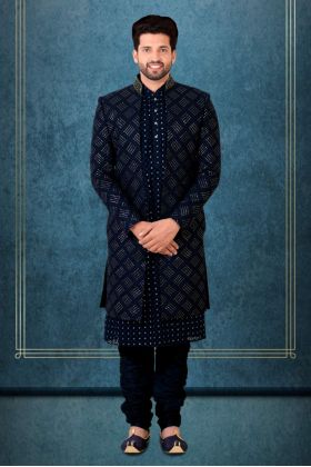 Navy Blue Lakhnavi Sherwani