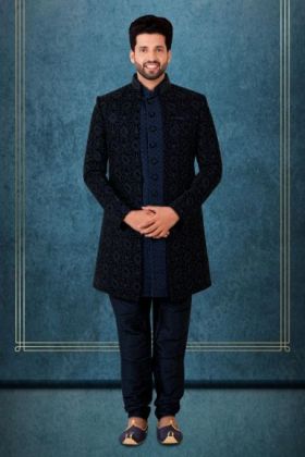 Navy Blue Jacquard Sherwani