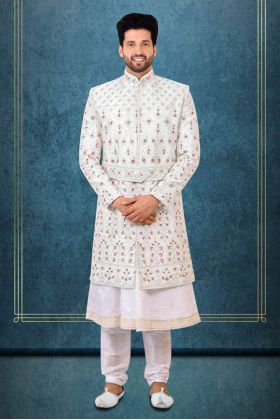 White Dupion Silk Sherwani