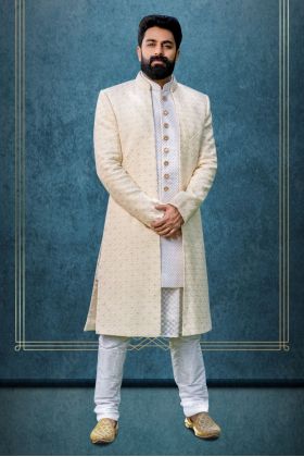 White And Off-White Jacquard Sherwani