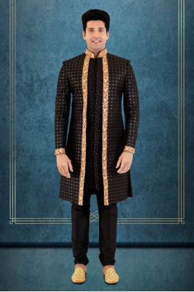 Black Lakhnavi Sherwani